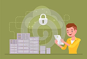 Data center server, cloud security, man maintaining computer database system