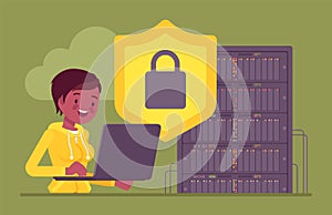 Data center server, cloud security, system administrator working with database