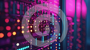 Data Center Server Front Panel with Blinking LED Lights in Focus