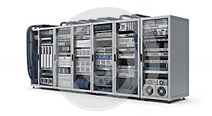 Server Room Data Center Infrastructure with Multiple Network Equipment Racks on White Background for Cloud Computing
