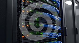 data center server rack with blue ethernet cables