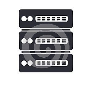 Data center server rack icon with stacked network hardware for cloud computing
