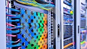 Data Center Server Rack with Network Cables and Hardware