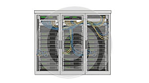 Data Center Server Rack with Network Cabling and Green LED Indicators