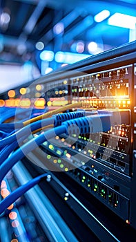 Data center server rack with network cables and lights, technology concept