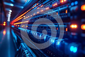 Data center server racks with blinking lights indicating network activity and processing