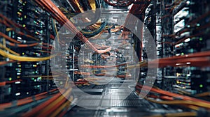 Data Center Server Racks with Cables and Networking Equipment in Modern Technology Facility