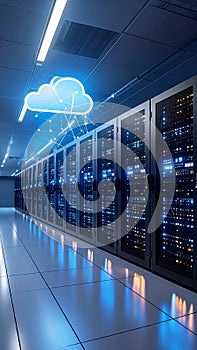 Data Center Server Racks with Cloud Computing Concept and Modern Technology