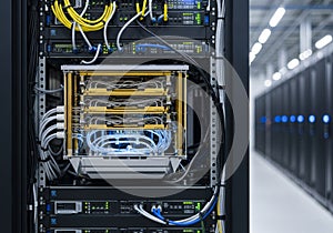 A data center with server racks, filled with network equipment and