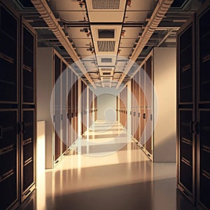 Data center server racks with glowing LED light networking technology equipment digital infrastructure cyber security