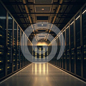 Data center server racks with glowing LED light networking technology equipment digital infrastructure cyber security