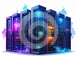 Data Center Server Racks with Glowing Lights