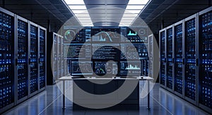 Data Center with Server Racks and Monitors