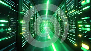 Data center server racks processing digital information with green light streams