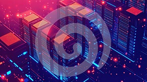 Data center server racks processing digital information