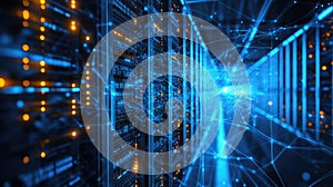 Data center server racks processing digital network information