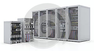 Server Racks in Data Center on White Background for Hosting Solutions and Cloud Computing Infrastructure Management