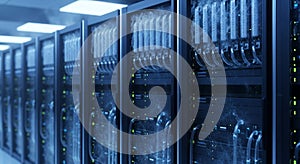 Data Center Server Racks in a Row Lit with Blue Light Showcasing Advanced Technology Infrastructure