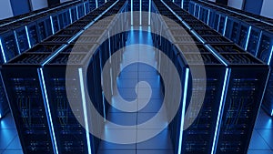Data Center Server Racks Rows Glowing Blue Lights, Big Data, Cloud Computing, Network Technology