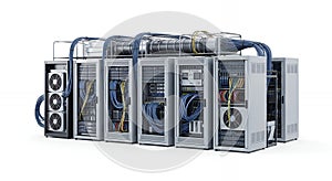 Data Center Server Racks on White Background for Technology Infrastructure and Computing Solutions with High