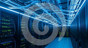 Data Center Server Room with Blue Lighting