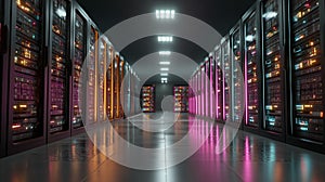 Data Center Server Room with Blue Lighting, 3D rendering of a server room in a data center or cloud storage facility