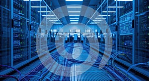 Data Center Server Room with Blue Lighting
