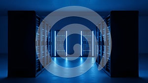 Data Center Server Room Blue Lit Servers, IT Infrastructure