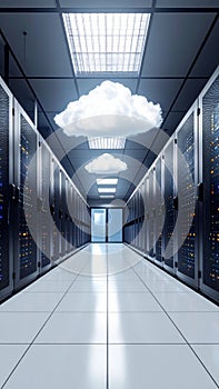 Data Center Server Room with Cloud Computing Concept and Digital Information