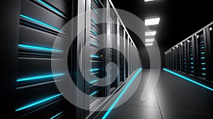 data center server room corridor futuristic blue lights technology infrastructure cloud computing se