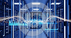 Data Center Server Room with Data Analysis Visualization