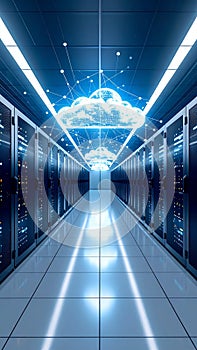 Data center server room with digital cloud computing concept and network connections