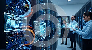 Data Center Server Room Engineers with Digital Tablets