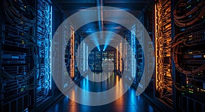 Futuristic Data Center Server Room with Blue Orange Neon Lights for Cloud Computing AI Technology