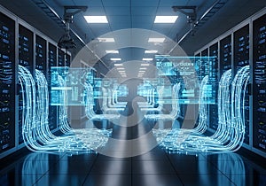 Data Center Server Room Futuristic Technology, Network Cables, Cloud Computing