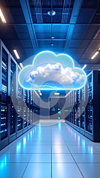Data center server room with glowing cloud computing symbol and servers