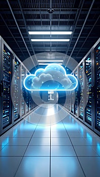 Data center server room with glowing cloud computing symbol, technology concept