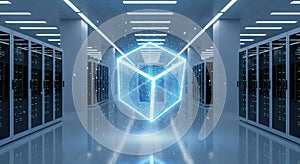 Data center server room with glowing cube for cloud computing and data storage and processing concept