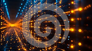 Data center server room glowing lights network technology abstract background