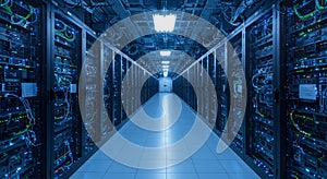 Data Center Server Room Infrastructure Rows of server racks in a modern data center showcasing advanced technology and