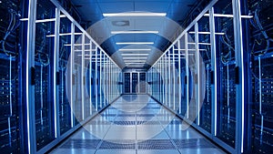 Data Center Server Room Modern IT Infrastructure, Blue Lights