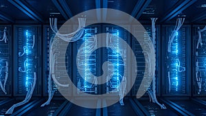 Data Center Server Room Network Servers, Cables, and Blue Lights