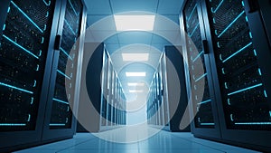 Data Center Server Room Network Technology. Modern Cloud Computing with Blue Lights.