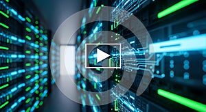 Data Center Server Room Play Button, Cloud Computing, Technology