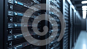 Data center server room row computer servers cables components