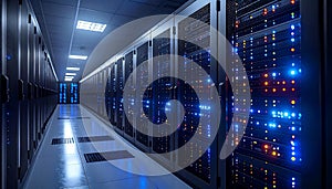 Data center server room with rows of computer servers