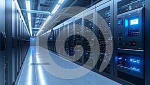 Data center server room with rows of computer servers