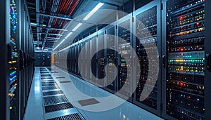 Data center server room with rows of computer servers