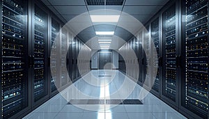 Data center server room with rows of computer servers