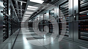 Data center server room with server racks in a corridor formation